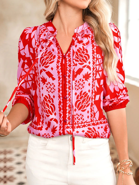 Trendsi Floral Print Tie-Neck Button Down Shirt Strawberry