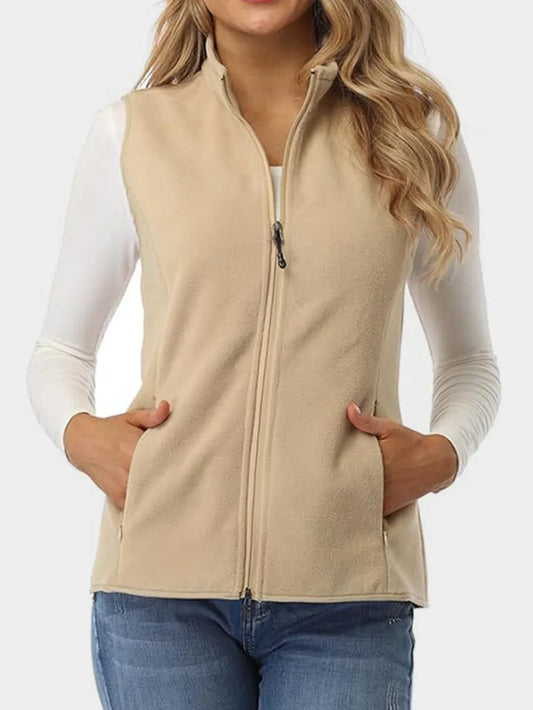Zip Up Turtleneck Vest with Pockets Tan Easy Apparels