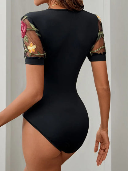 Trendsi Perfee Embroidered V-Neck Floral Bodysuit