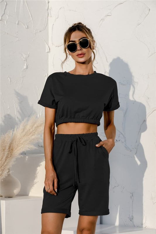 Short Sleeve Cropped Top and Drawstring Shorts Lounge Set Black Easy Apparels