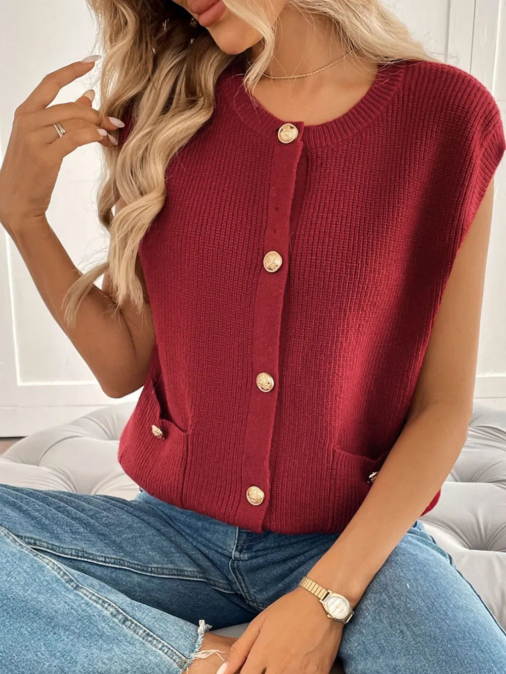 Perfee Pocketed Round Neck Cap Sleeve Cardigan Easy Apparels