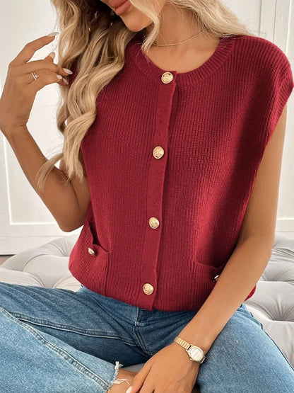 Perfee Pocketed Round Neck Cap Sleeve Cardigan Easy Apparels