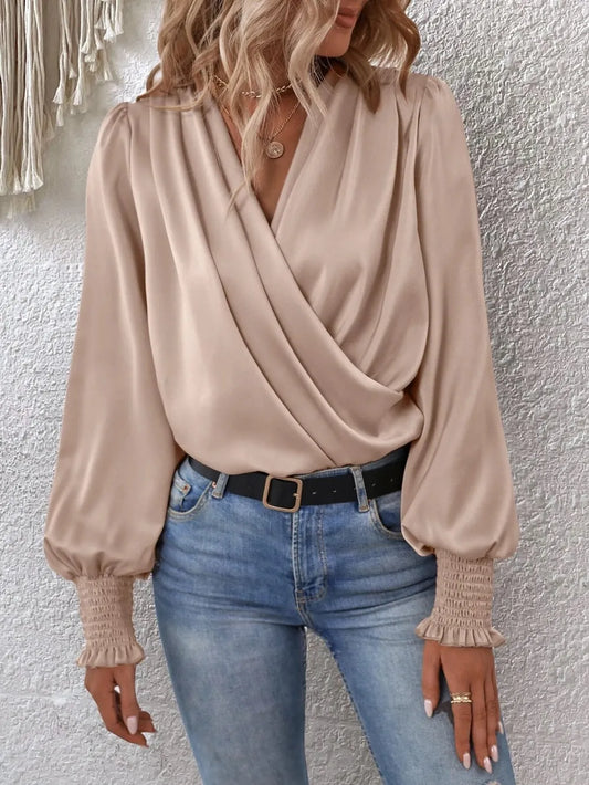 Trendsi Surplice Smocked Lantern Sleeve Blouse Tan