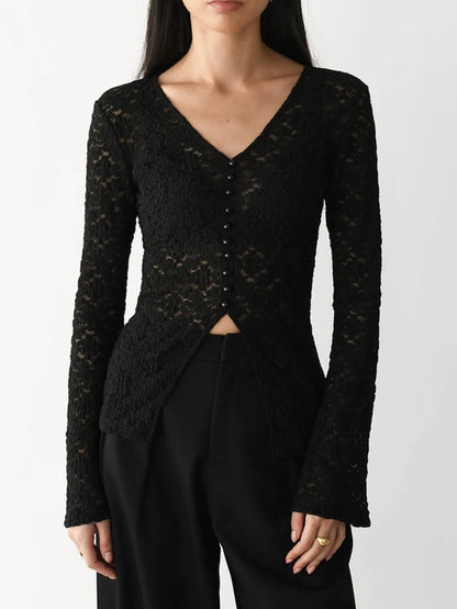 Trendsi Lace V-Neck Flare Sleeve T-Shirt Black