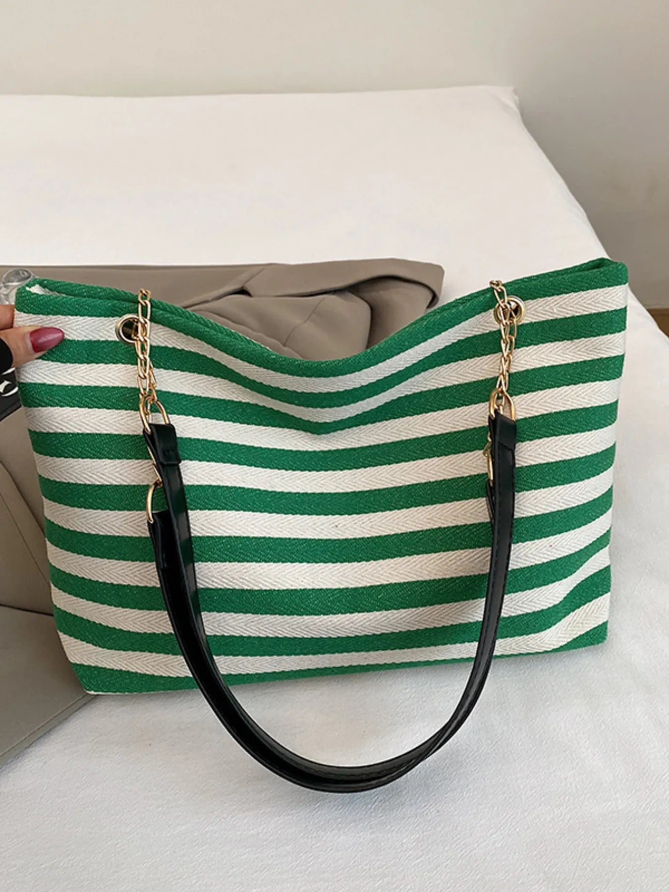 Striped Shoulder Bag with Chain Detail Easy Apparels