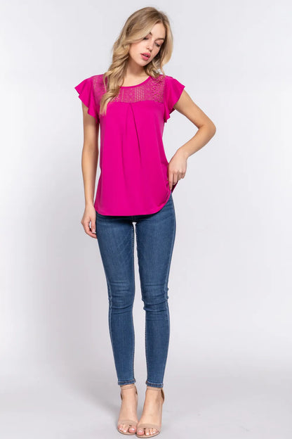 Trendsi ACTIVE BASIC Ruffle Short Sleeve Lace Detail Knit Top