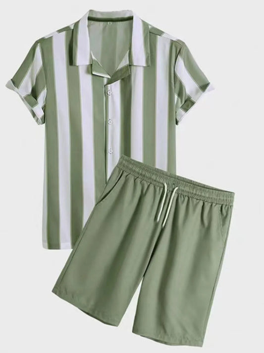 Men's Full Size Striped Casual Shirt and Shorts Set Plus Size Green Easy Apparels