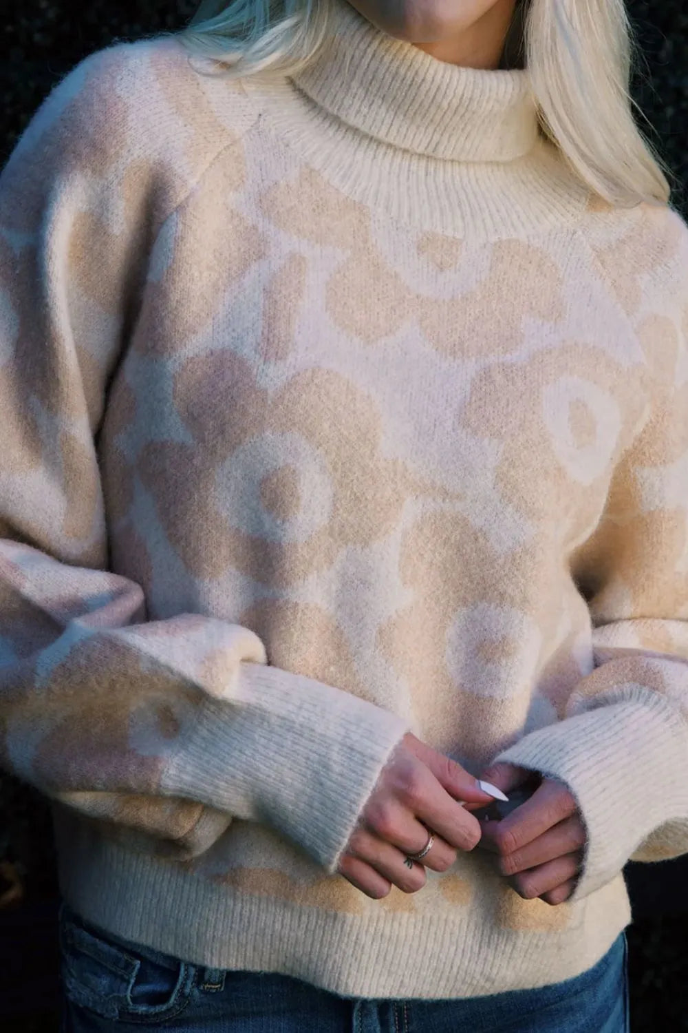 Flower Pattern Turtleneck Long Sleeve Sweater Easy Apparels