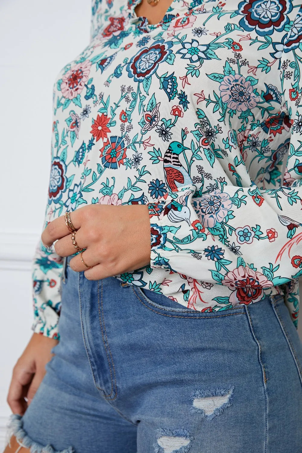 Trendsi Floral Notched Long Sleeve Blouse