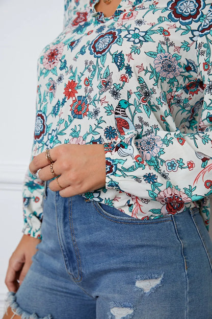 Trendsi Floral Notched Long Sleeve Blouse