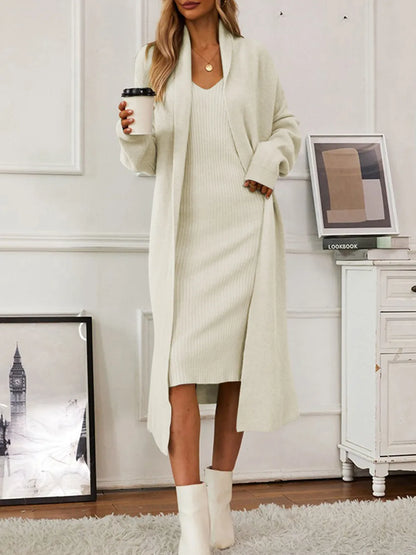 V-Neck Cami Dress and Open Front Cardigan Sweater Set Cream One Size Easy Apparels
