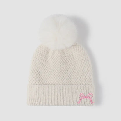 Thermal Bow Knit Hat with Pompom White One Size Easy Apparels