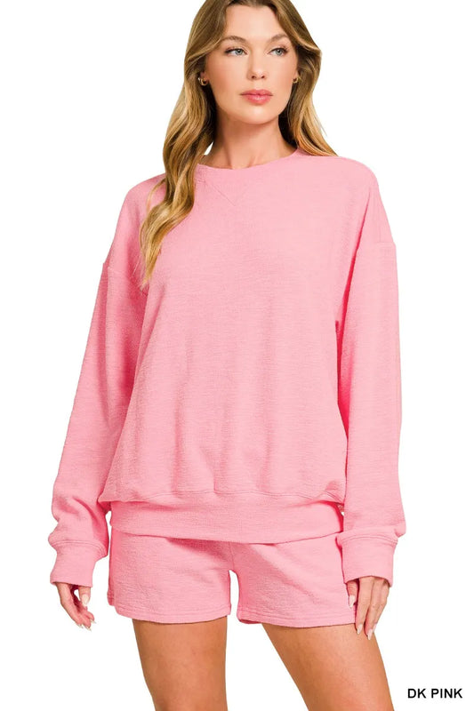 Zenana Slub Long Sleeve Top and Shorts Set DK PINK Easy Apparels