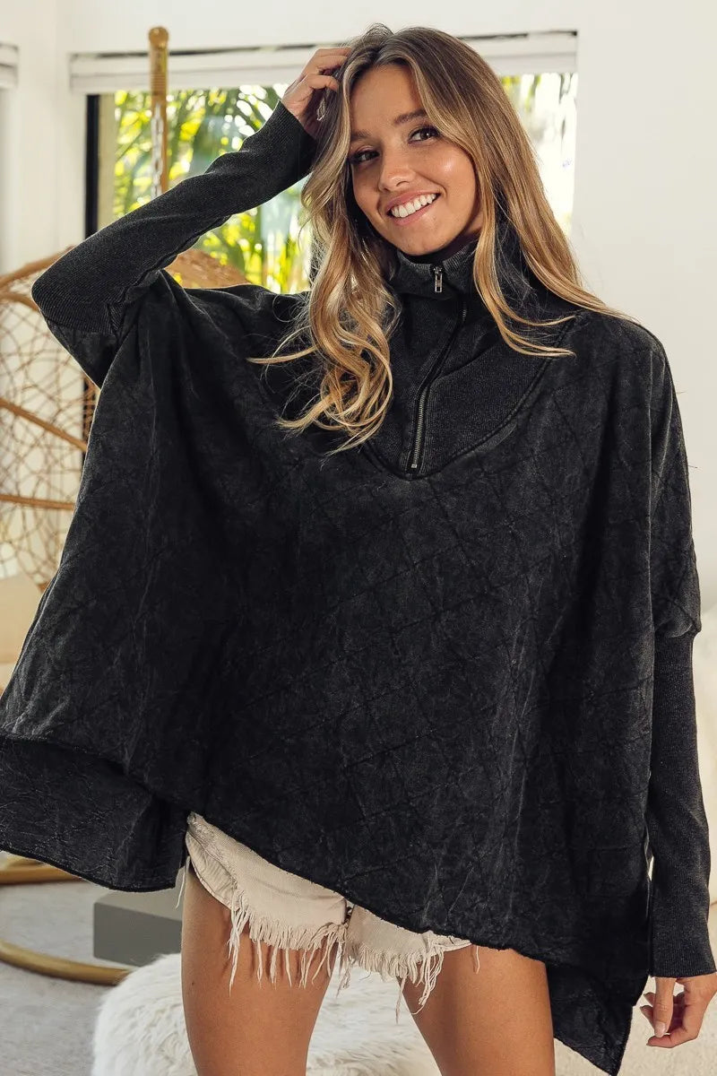 Trendsi BiBi Vintage Washed Quilted Half Zip Top