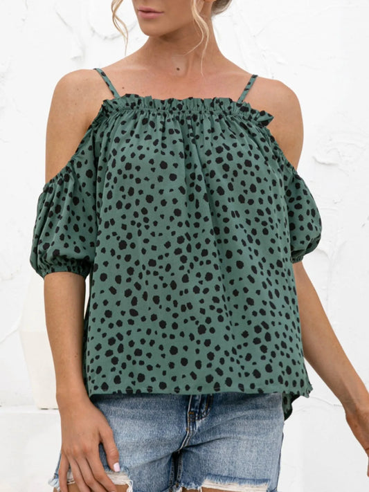 Trendsi Puff Sleeve Polka Dot Ruffle Cami Top Dark Green