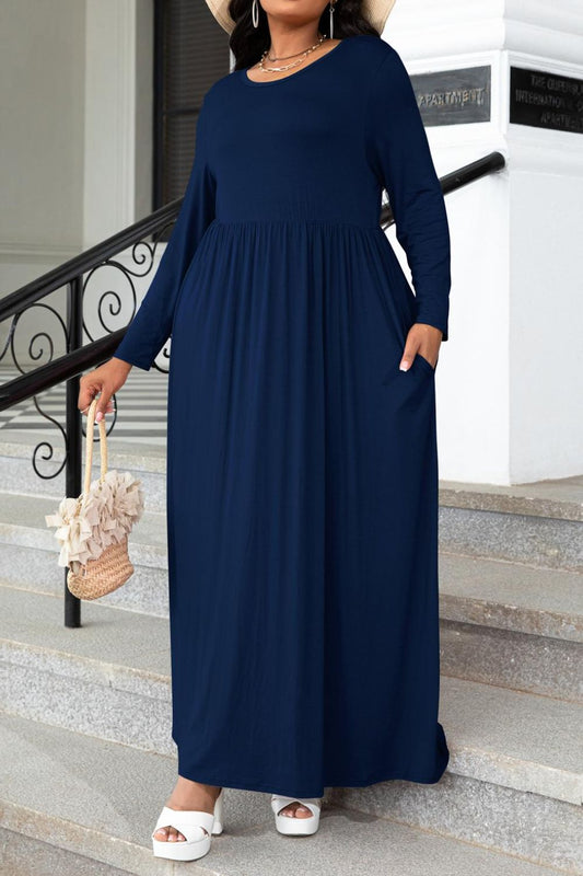 Plus Size Round Neck Long Sleeve Maxi Dress with Pockets Navy Easy Apparels