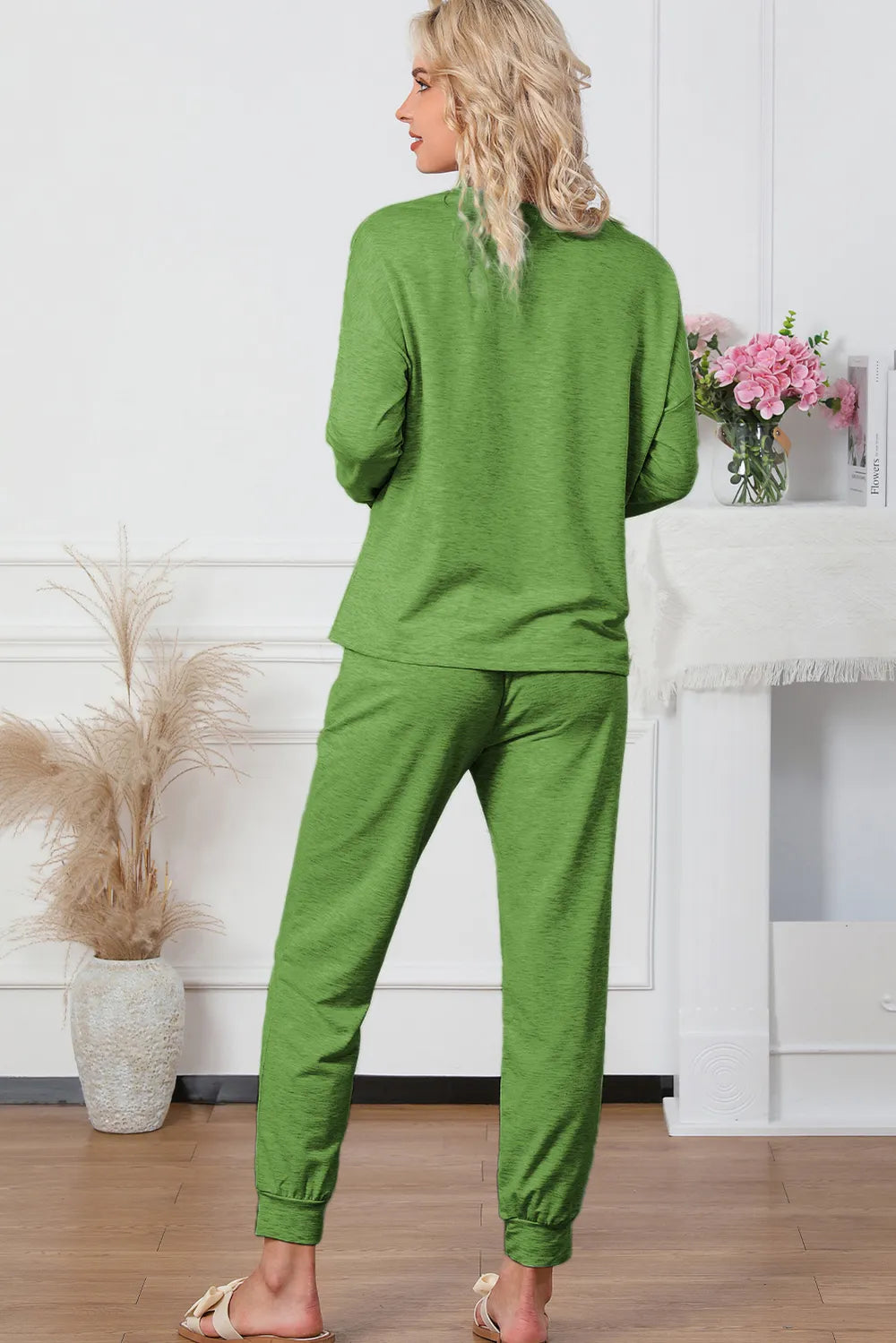 Round Neck Top and Drawstring Pants Lounge Set Easy Apparels