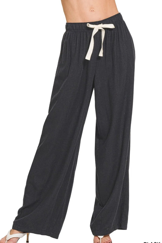 Zenana Linen Drawstring Pants BLACK Easy Apparels