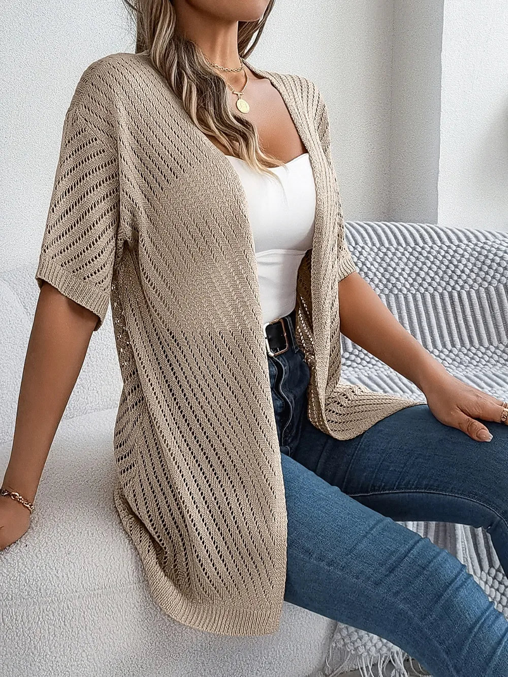 Openwork Open Front Half Sleeve Cardigan Easy Apparels