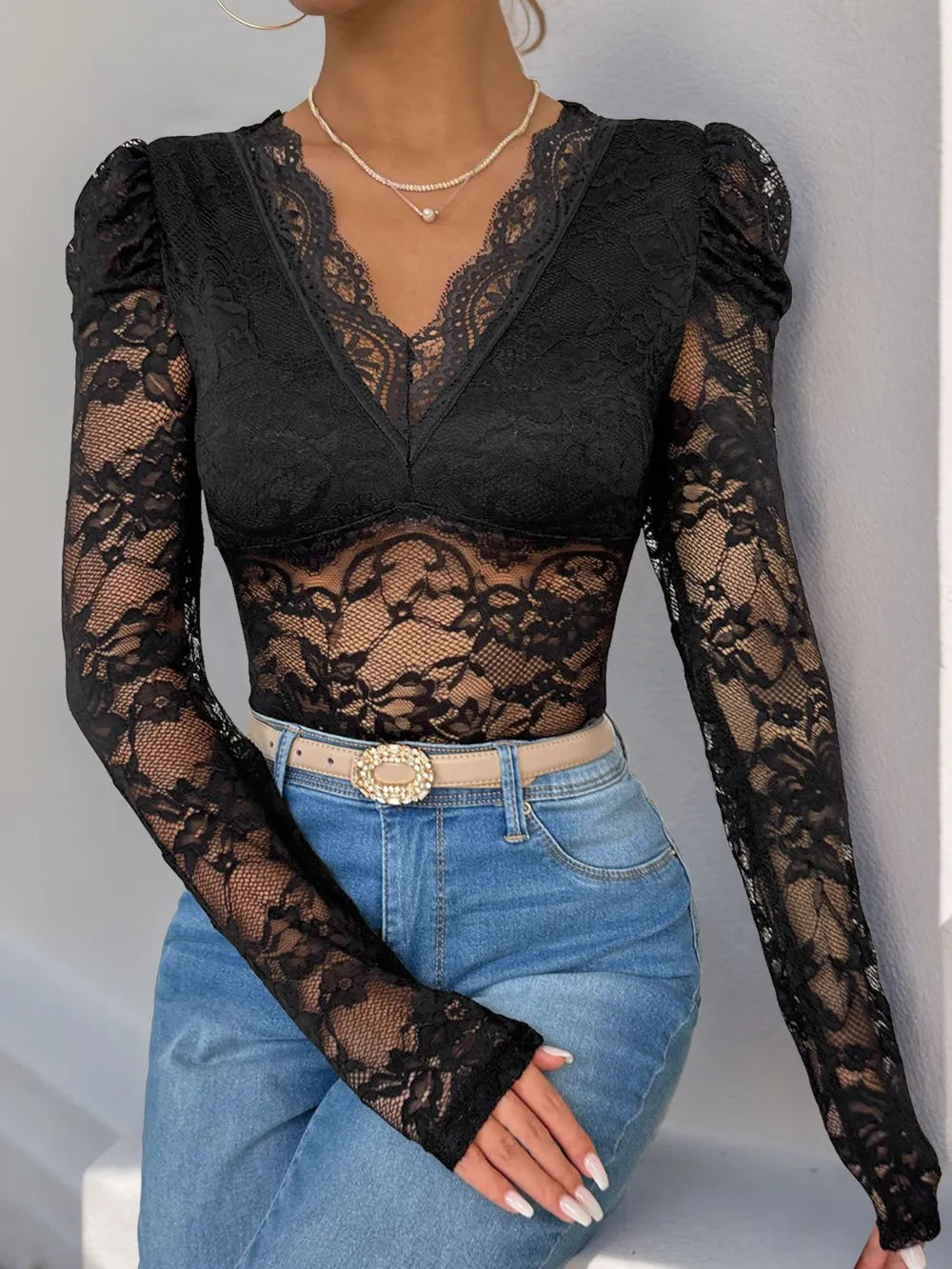 Trendsi Perfee Lace V-Neck Long Sleeve Bodysuit