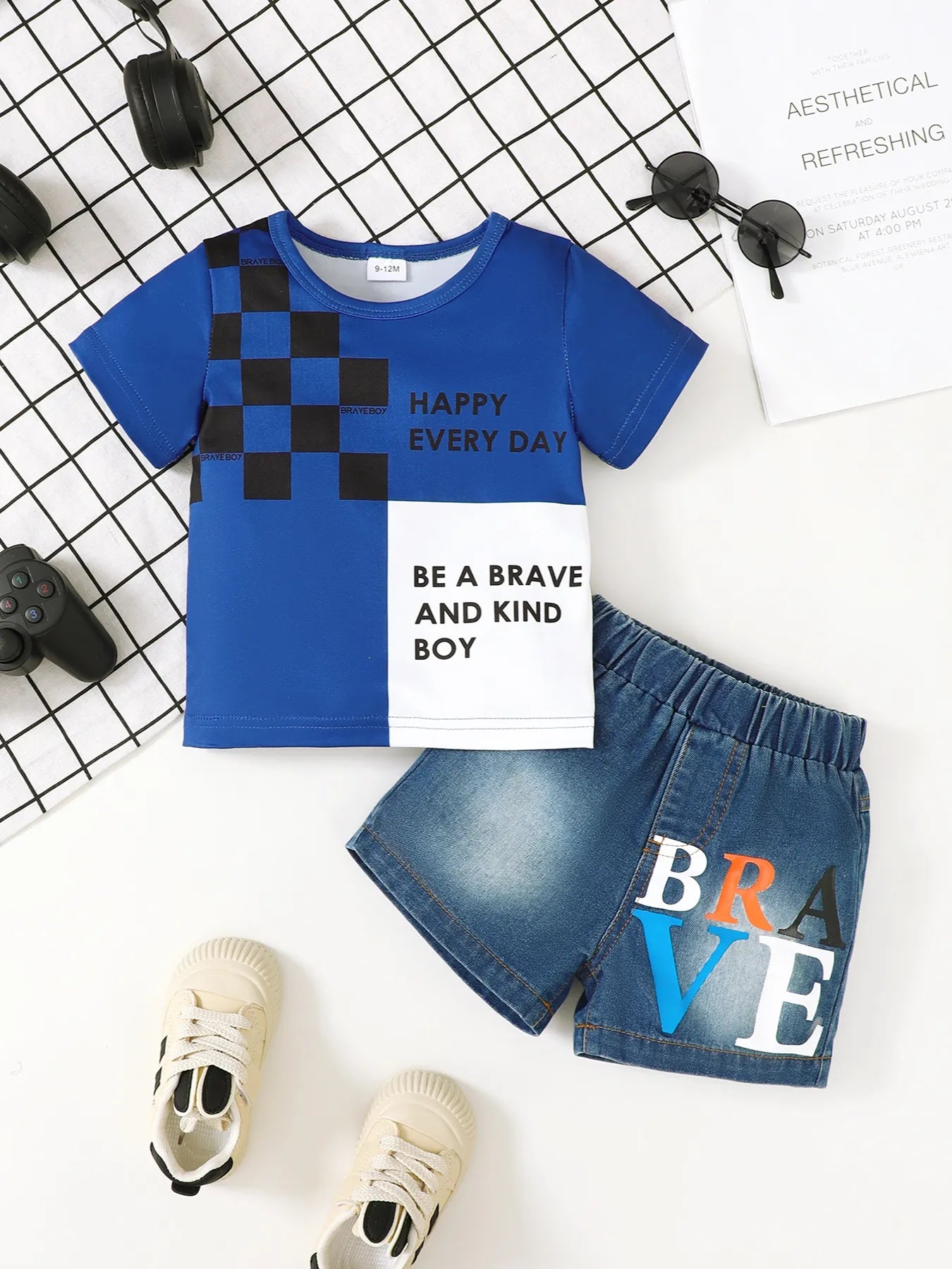 Children's Letter Round Neck Top and Denim Shorts Set Easy Apparels
