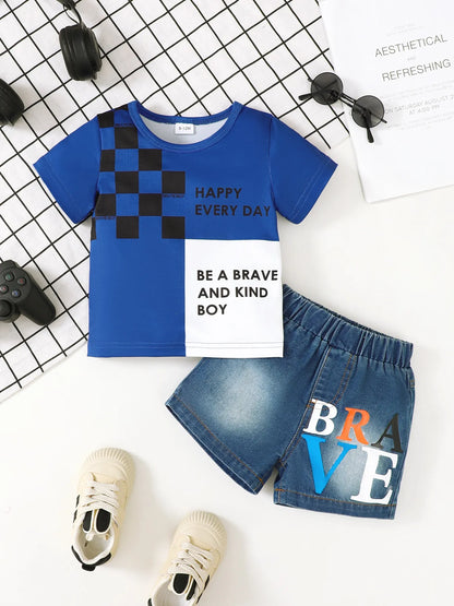 Children's Letter Round Neck Top and Denim Shorts Set Easy Apparels