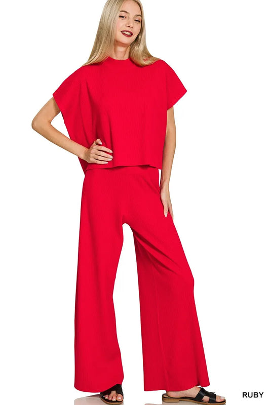 Zenana Viscose Sweater Short Sleeve Top and Pants Set RUBY Easy Apparels