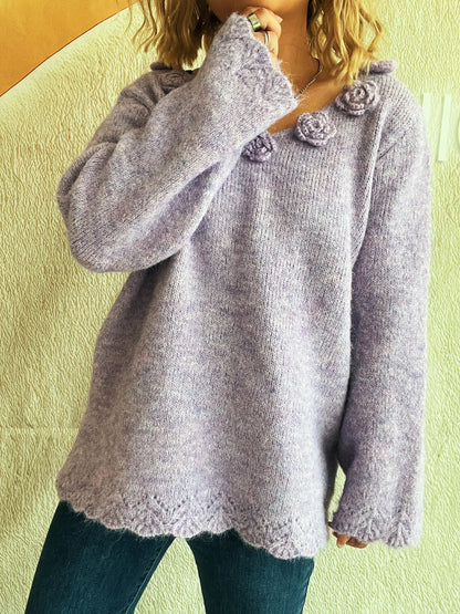 Trendsi Flower V-Neck Long Sleeve Sweater