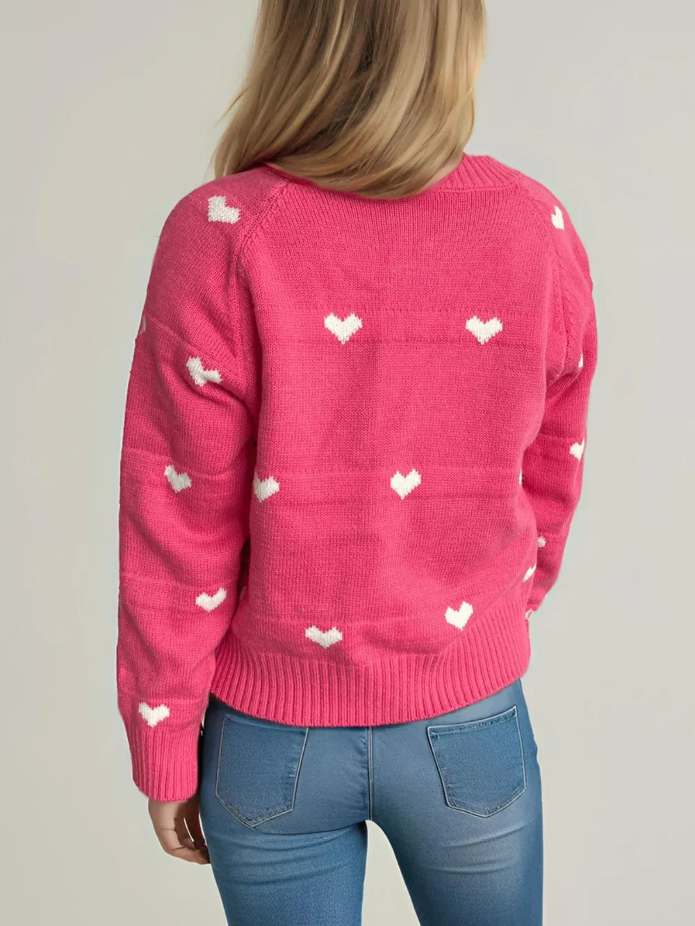Heart Round Neck Zip Up Cardigan Easy Apparels