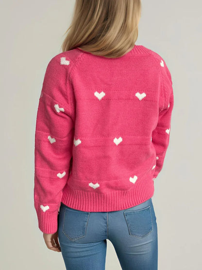 Heart Round Neck Zip Up Cardigan Easy Apparels