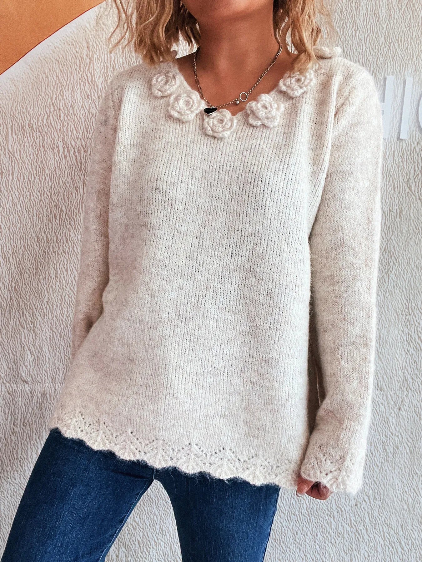 Trendsi Flower V-Neck Long Sleeve Sweater