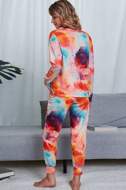 Shiny Tie-Dye Crewneck Top and Drawstring Waist Joggers Lounge Set Easy Apparels