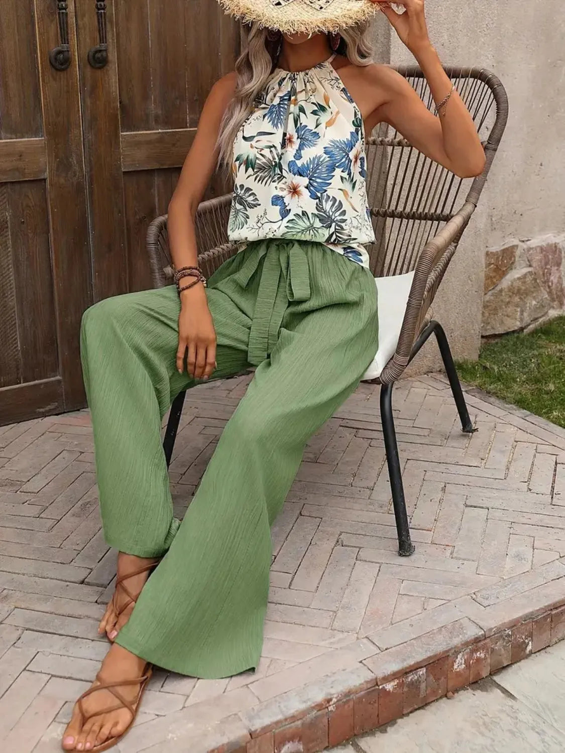 Printed Tank Top and Wide Leg Pants Set Easy Apparels