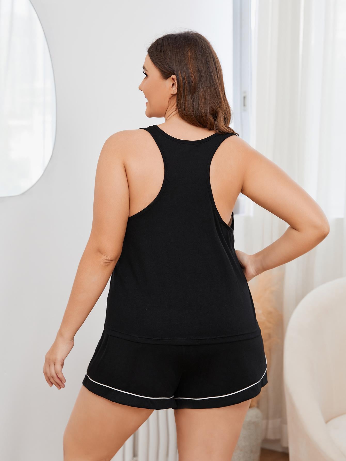 Plus Size Contrast Piping Racerback Tank and Shorts Lounge Set Easy Apparels