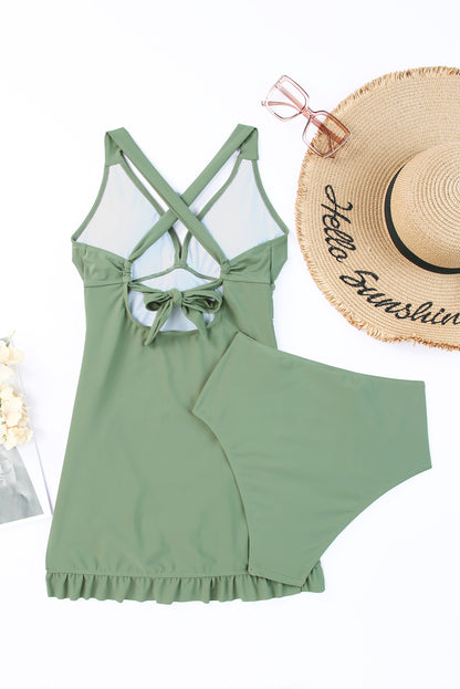 Tie Back Sleeveless Swim Dress and Bottoms Set Easy Apparels