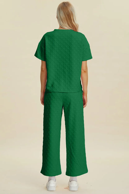 Double Take Full Size Texture Round Neck Short Sleeve Top and Pants Set Easy Apparels