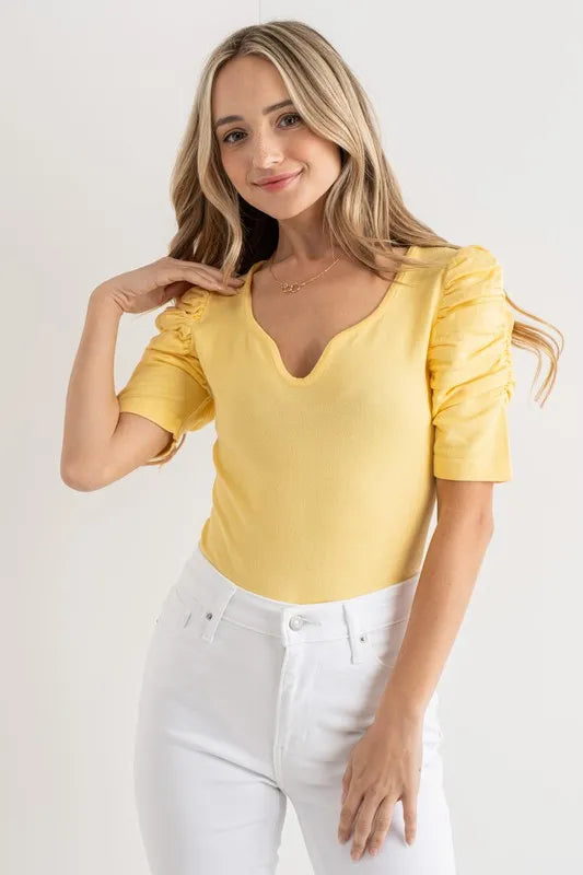 Trendsi And The Why Shirring Puff Sleeve Bodysuit Pale Yellow