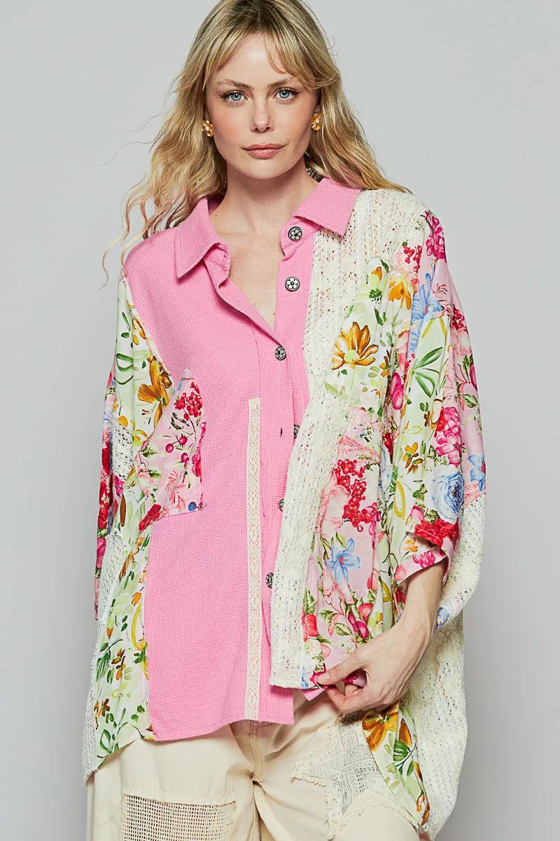 POL Thermal and Crochet Lace Mix Shirt with Floral Pattern Easy Apparels