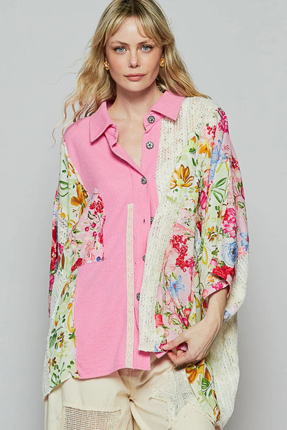 POL Thermal and Crochet Lace Mix Shirt with Floral Pattern Easy Apparels