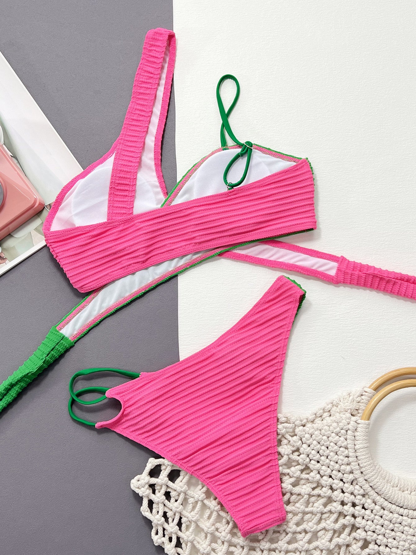 Contrast One-Shoulder Two-Piece Swim Set Easy Apparels