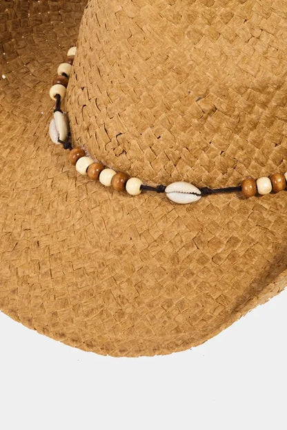 Fame Beaded Cowrie Shell Straw Weave Western Cowboy Hat Easy Apparels