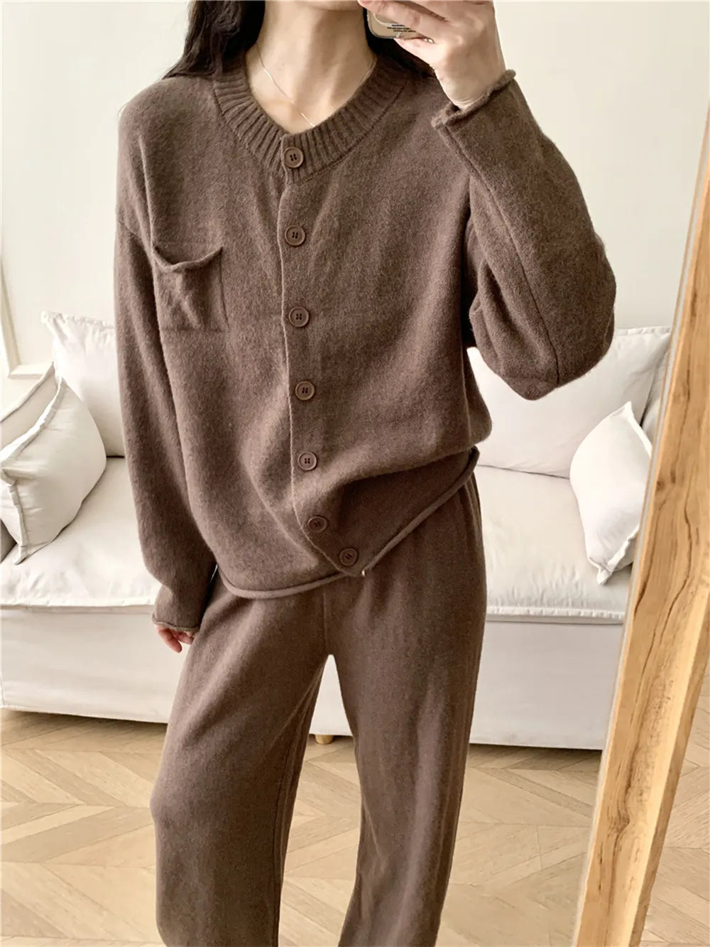 Pocketed Round Neck Button Up Cardigan and Pants Sweater Set Taupe One Size Easy Apparels
