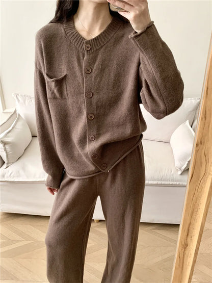 Pocketed Round Neck Button Up Cardigan and Pants Sweater Set Taupe One Size Easy Apparels