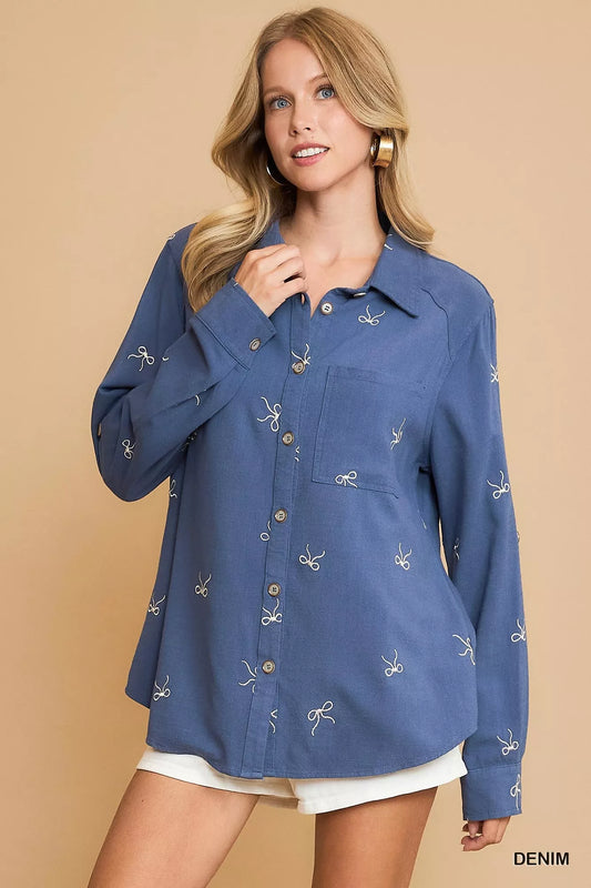 Umgee Linen Blend Fitted Shirt with Ribbon Embroidery Details DENIM Easy Apparels