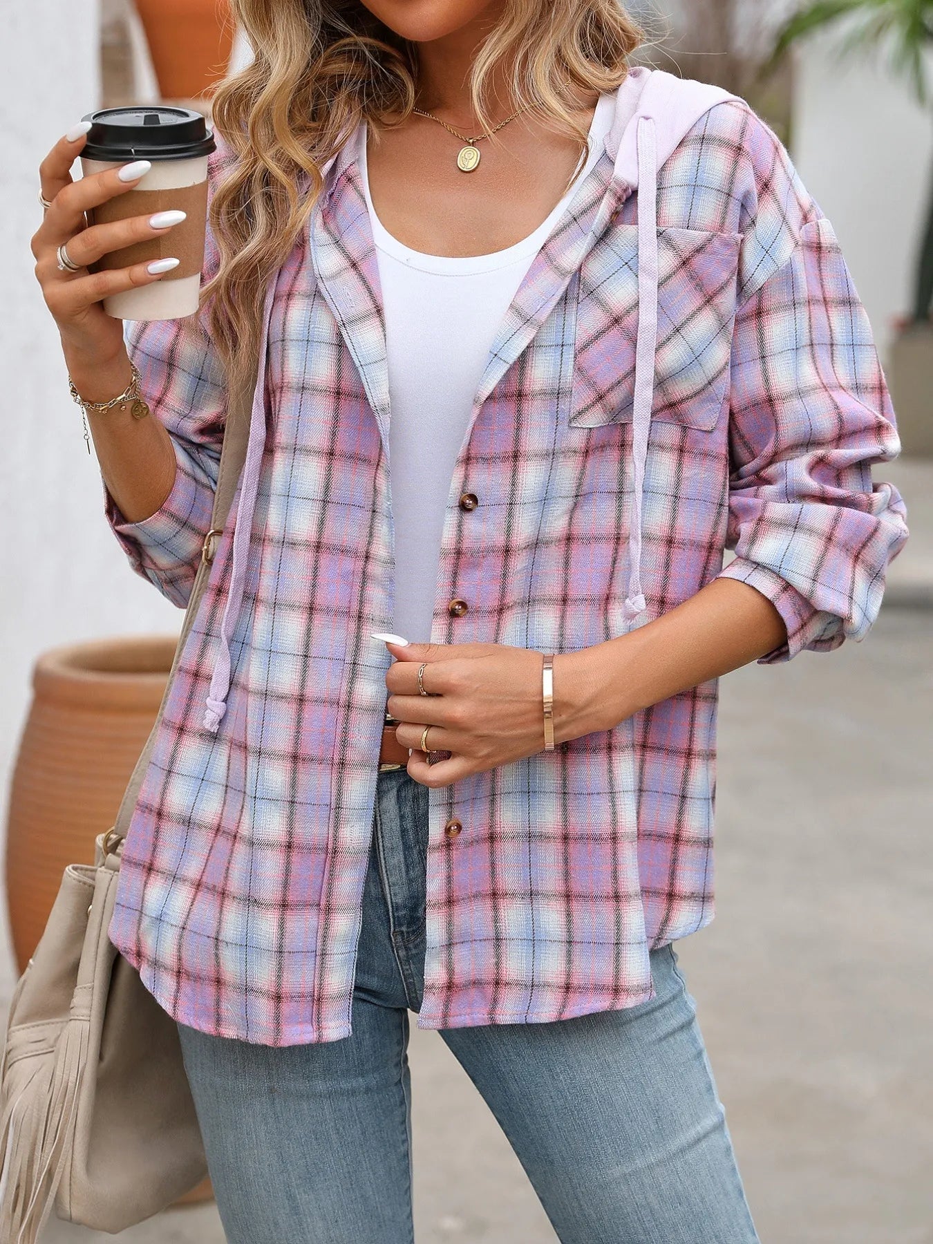 Trendsi Plaid Button-Up Hooded Shirt