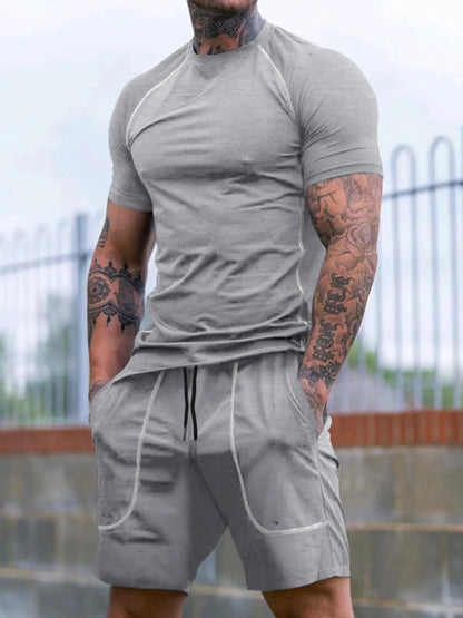 Men's Full Size Round Neck Short Sleeve T-Shirt and Shorts Set Plus Size Light Gray Easy Apparels