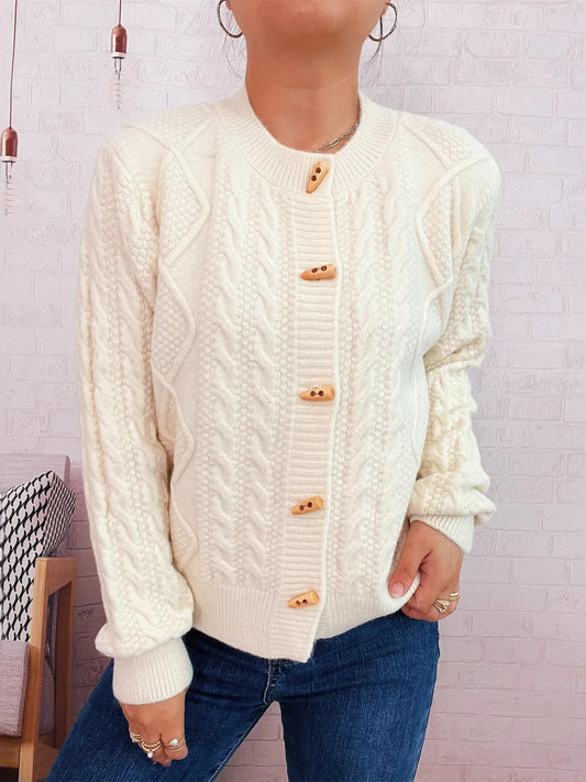 Cable Knit Button-Up Cardigan White One Size Easy Apparels