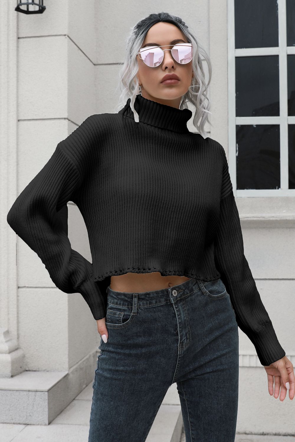 Turtleneck Dropped Shoulder Sweater Black Easy Apparels