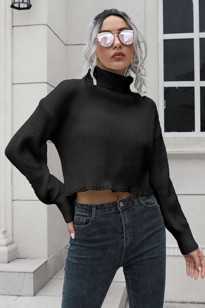 Turtleneck Dropped Shoulder Sweater Black Easy Apparels