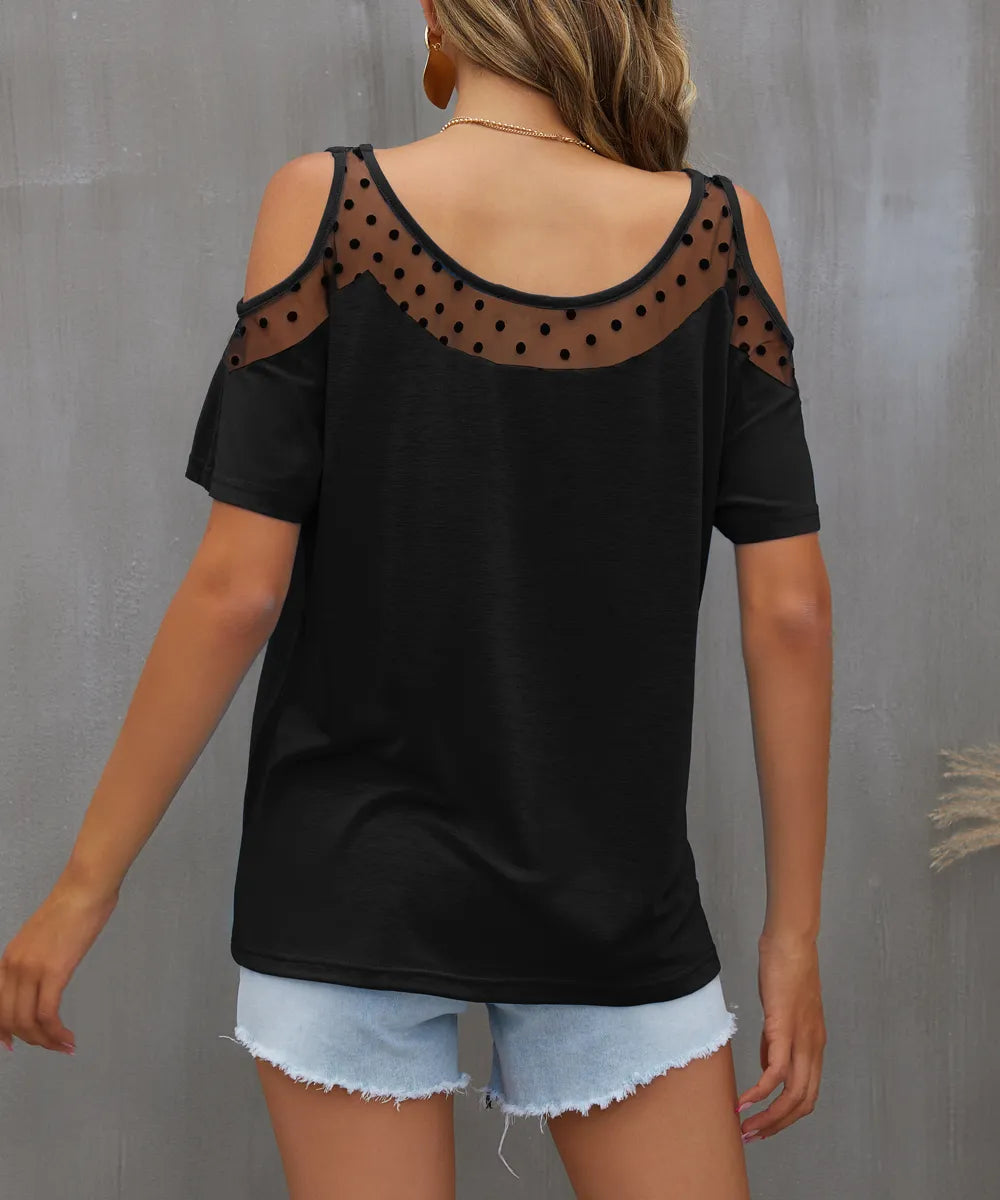 Trendsi Cold Shoulder Mesh Polka Dot Top